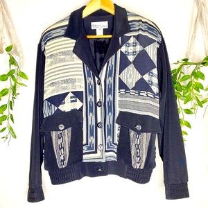 VTG Black+ Beige Abstract Art Deco Digital Print Bomber Jacket